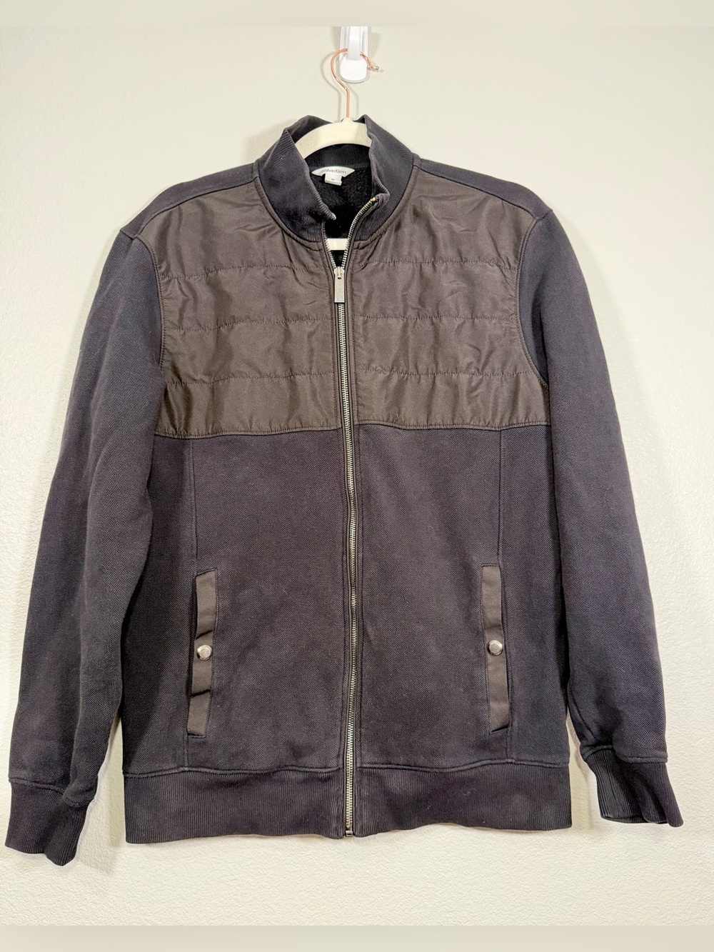 Calvin Klein Mixed-Media Full-Zip Hybrid Jacket Quilted Black Utility Coat Men M